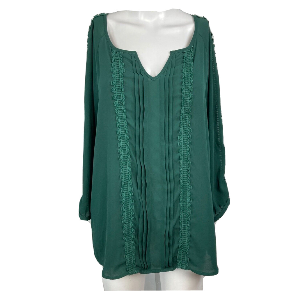 41 Hawthorn Shirt Womens Sz M Green Pleated Crochet 3/4 Sleeve‎ V- Neck Tunic